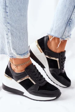 Hot Damskie Skórzane Sneakersy Na Koturnie Czarne Białe Manitoba Damskie Sneakersy Damskie