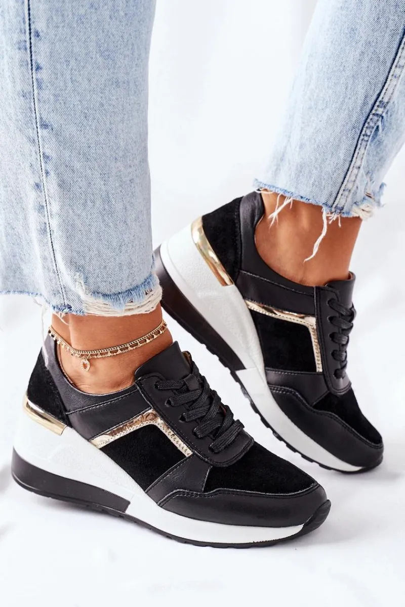 Hot Damskie Skórzane Sneakersy Na Koturnie Czarne Białe Manitoba Damskie Sneakersy Damskie