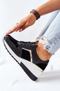 Hot Damskie Skórzane Sneakersy Na Koturnie Czarne Białe Manitoba Damskie Sneakersy Damskie