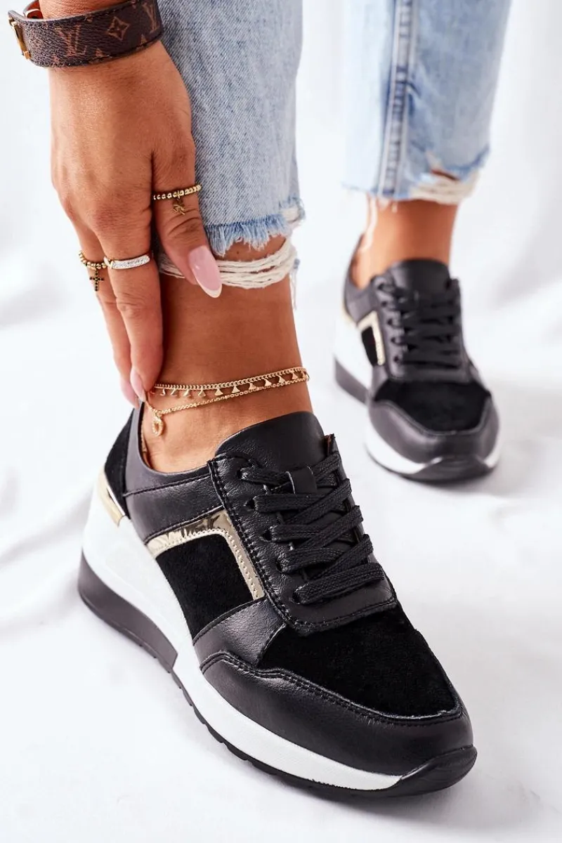 Hot Damskie Skórzane Sneakersy Na Koturnie Czarne Białe Manitoba Damskie Sneakersy Damskie