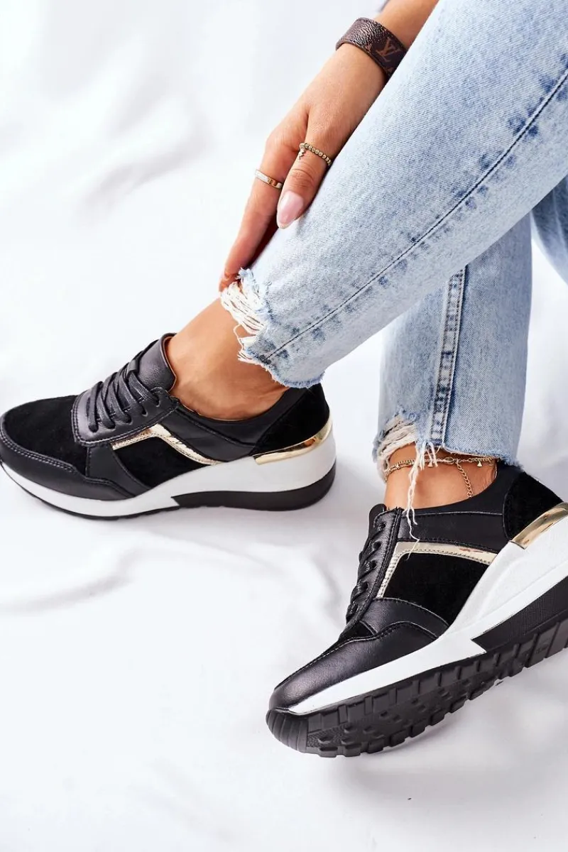 Hot Damskie Skórzane Sneakersy Na Koturnie Czarne Białe Manitoba Damskie Sneakersy Damskie