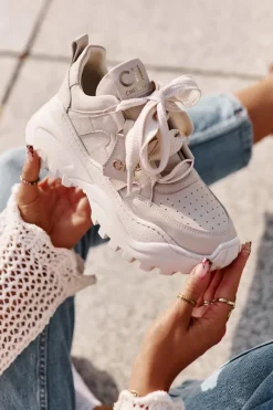 Buty Sportowe Na Platformie></noscript>CheBello Damskie Skórzane Sneakersy Beżowe 4583 Beżowy