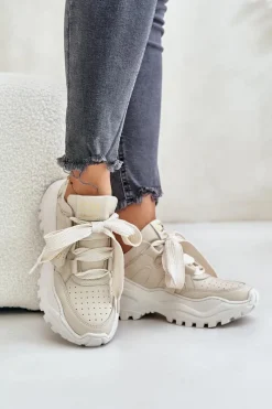 Buty Sportowe Na Platformie></noscript>CheBello Damskie Skórzane Sneakersy Beżowe 4583 Beżowy