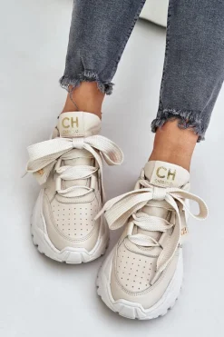 Buty Sportowe Na Platformie></noscript>CheBello Damskie Skórzane Sneakersy Beżowe 4583 Beżowy