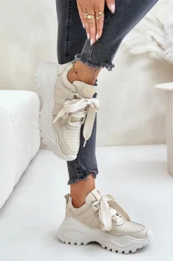 Buty Sportowe Na Platformie></noscript>CheBello Damskie Skórzane Sneakersy Beżowe 4583 Beżowy