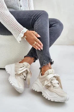Buty Sportowe Na Platformie></noscript>CheBello Damskie Skórzane Sneakersy Beżowe 4583 Beżowy