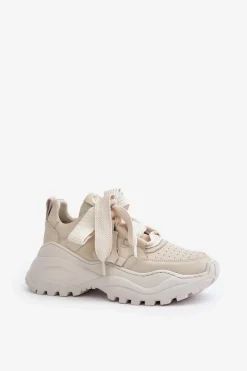 Buty Sportowe Na Platformie></noscript>CheBello Damskie Skórzane Sneakersy Beżowe 4583 Beżowy