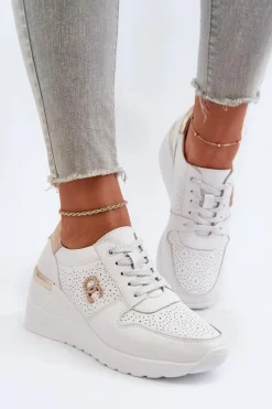 Hot Damskie Skórzane Sneakersy Na Koturnie Białe D&A LR810 Damskie Sneakersy Damskie