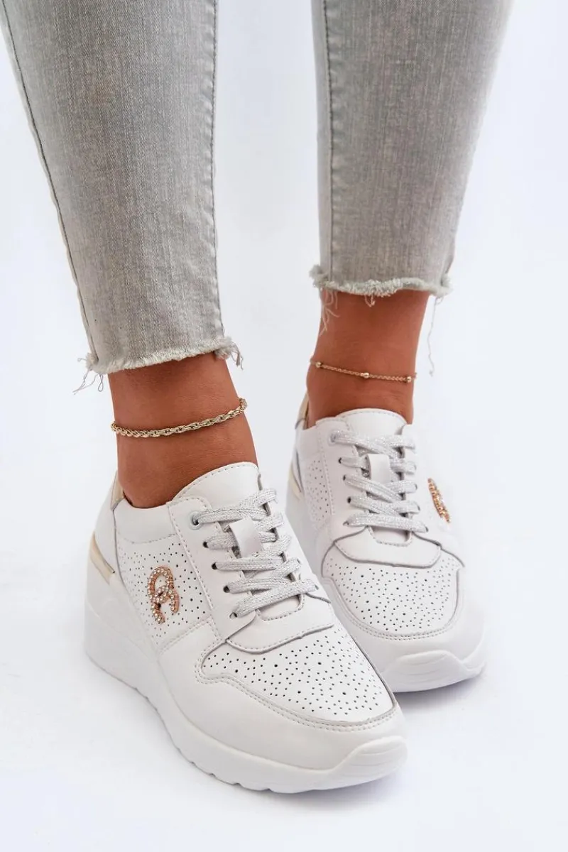 Hot Damskie Skórzane Sneakersy Na Koturnie Białe D&A LR810 Damskie Sneakersy Damskie