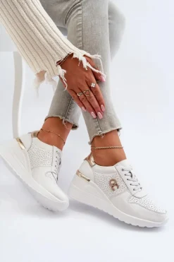 Hot Damskie Skórzane Sneakersy Na Koturnie Białe D&A LR810 Damskie Sneakersy Damskie