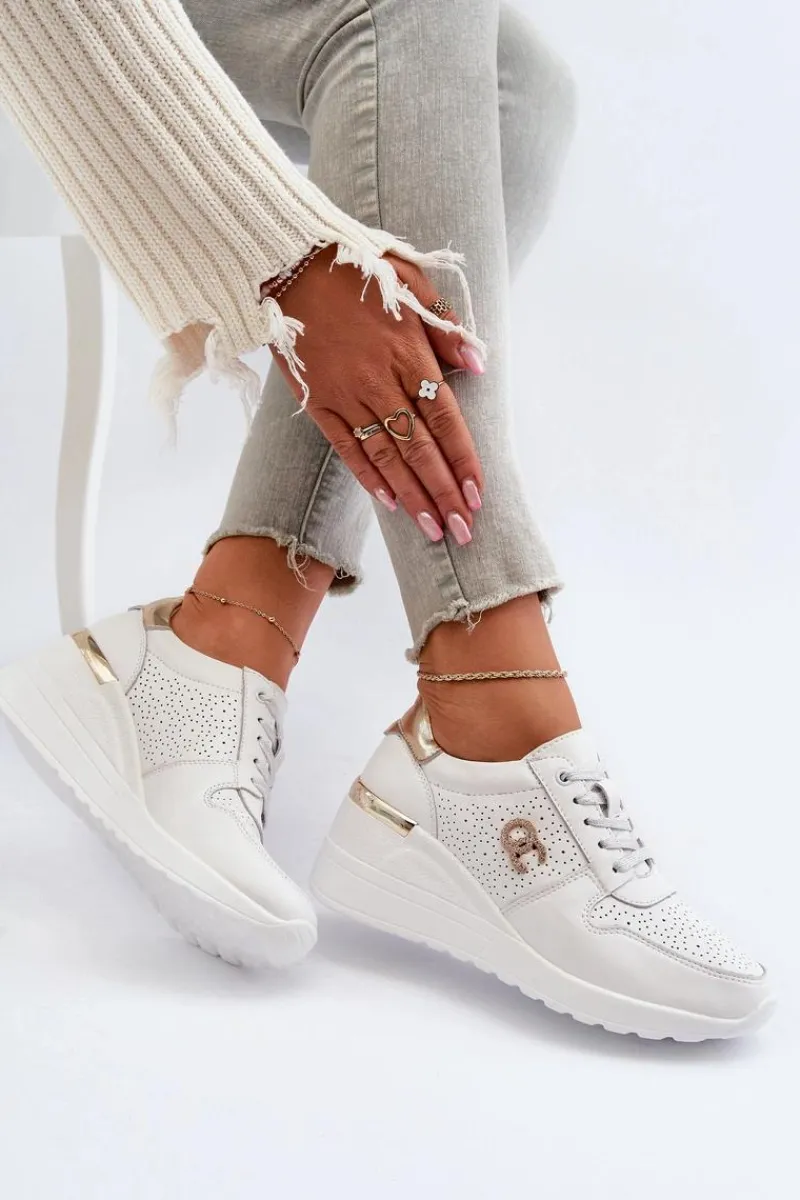 Hot Damskie Skórzane Sneakersy Na Koturnie Białe D&A LR810 Damskie Sneakersy Damskie