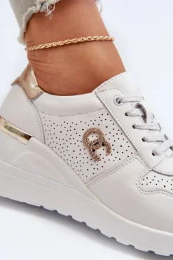 Hot Damskie Skórzane Sneakersy Na Koturnie Białe D&A LR810 Damskie Sneakersy Damskie