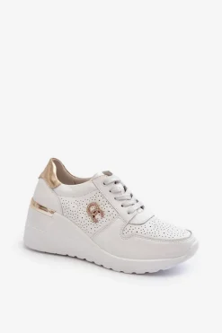 Hot Damskie Skórzane Sneakersy Na Koturnie Białe D&A LR810 Damskie Sneakersy Damskie