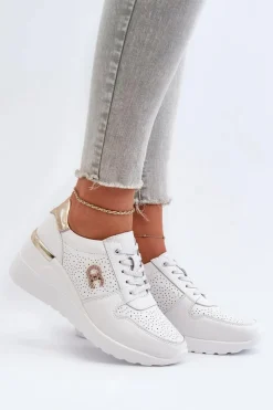 Hot Damskie Skórzane Sneakersy Na Koturnie Białe D&A LR810 Damskie Sneakersy Damskie