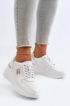 Hot Damskie Skórzane Sneakersy Na Koturnie Białe D&A LR810 Damskie Sneakersy Damskie