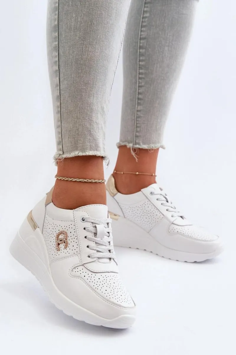 Hot Damskie Skórzane Sneakersy Na Koturnie Białe D&A LR810 Damskie Sneakersy Damskie