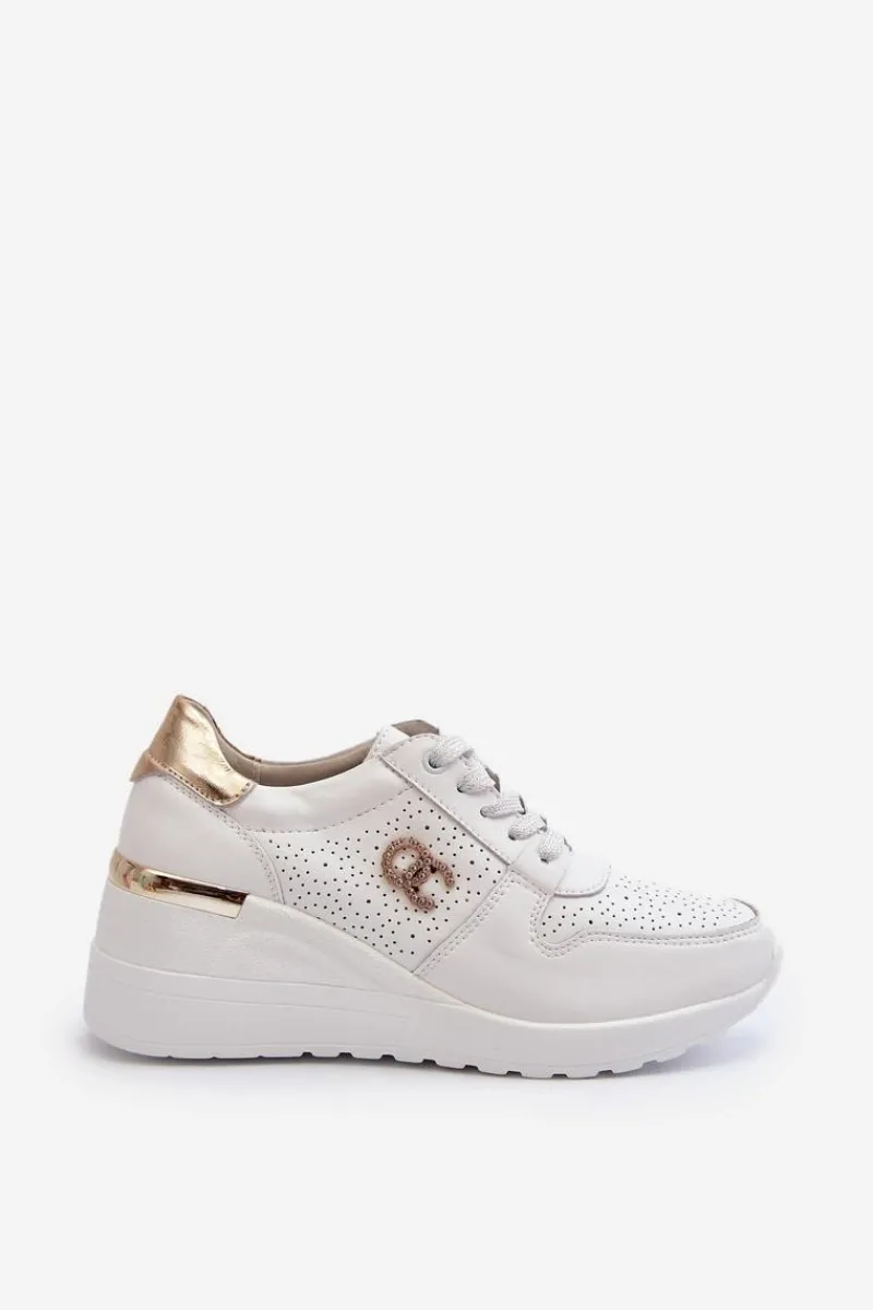 Hot Damskie Skórzane Sneakersy Na Koturnie Białe D&A LR810 Damskie Sneakersy Damskie