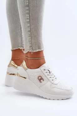 Hot Damskie Skórzane Sneakersy Na Koturnie Białe D&A LR810 Damskie Sneakersy Damskie