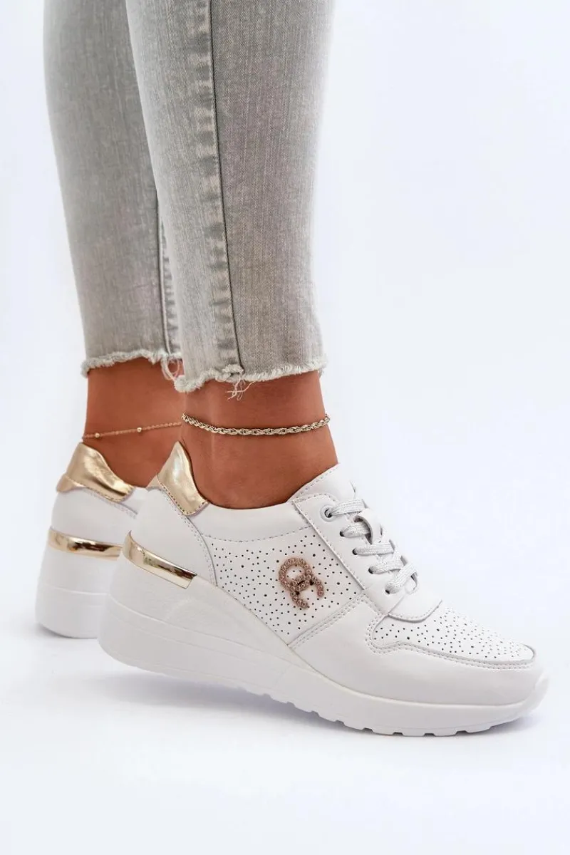 Hot Damskie Skórzane Sneakersy Na Koturnie Białe D&A LR810 Damskie Sneakersy Damskie