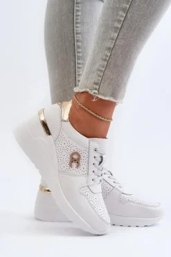 Hot Damskie Skórzane Sneakersy Na Koturnie Białe D&A LR810 Damskie Sneakersy Damskie
