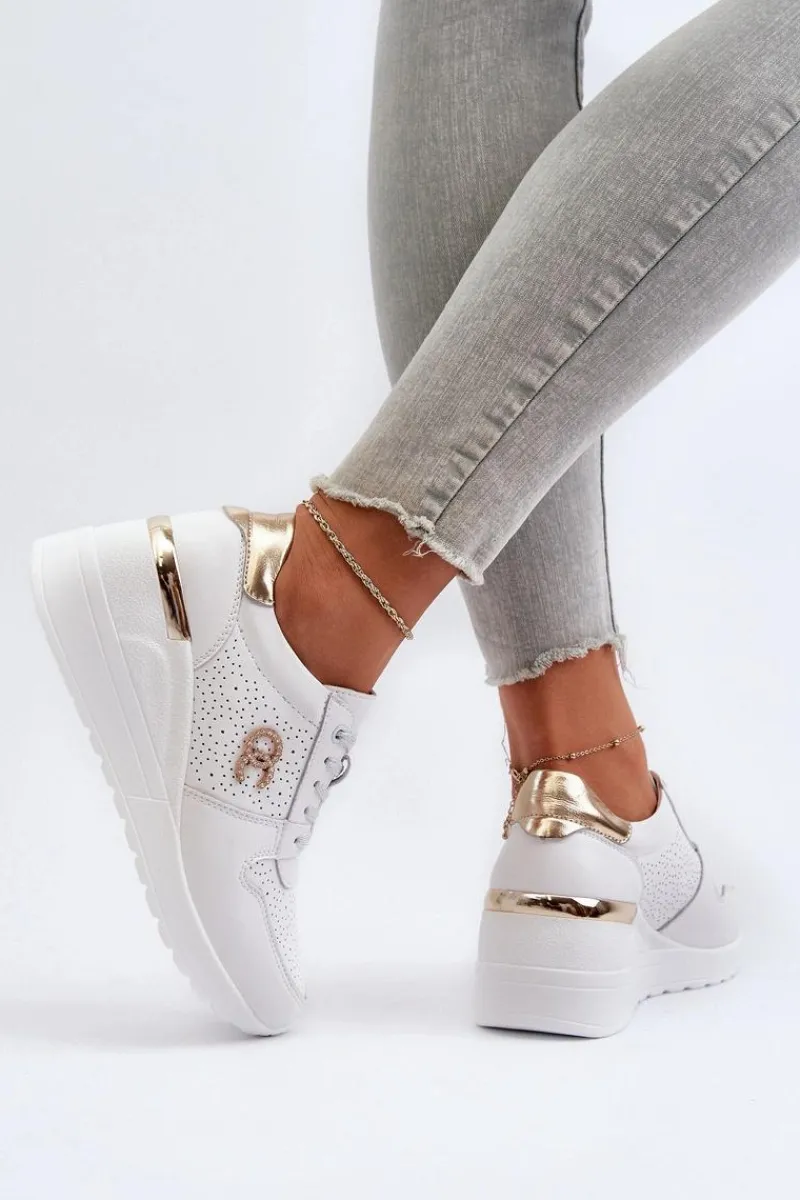 Hot Damskie Skórzane Sneakersy Na Koturnie Białe D&A LR810 Damskie Sneakersy Damskie