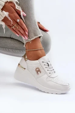 Hot Damskie Skórzane Sneakersy Na Koturnie Białe D&A LR810 Damskie Sneakersy Damskie