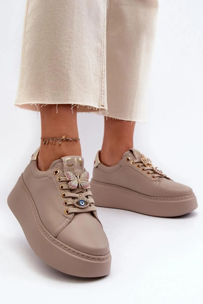 Hot CheBello Damskie Skórzane Sneakersy Z Ozdobami 4292 Beżowe