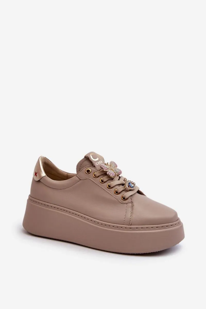 Hot CheBello Damskie Skórzane Sneakersy Z Ozdobami 4292 Beżowe