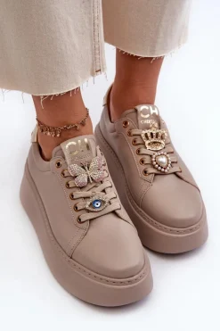 Hot CheBello Damskie Skórzane Sneakersy Z Ozdobami 4292 Beżowe