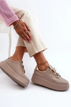 Hot CheBello Damskie Skórzane Sneakersy Z Ozdobami 4292 Beżowe
