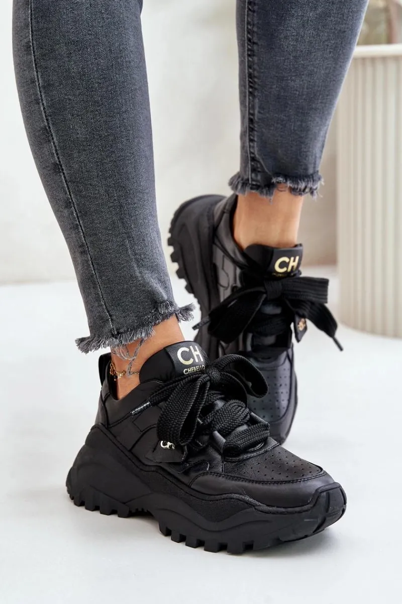 New Damskie Skórzane Sneakersy Czarne 4583 Damskie Buty Sportowe Na Platformie