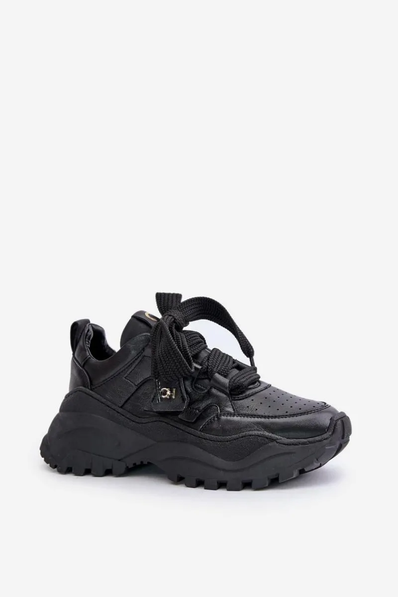 New Damskie Skórzane Sneakersy Czarne 4583 Damskie Buty Sportowe Na Platformie