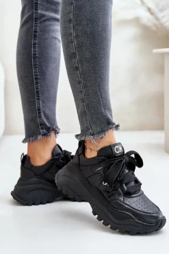 New Damskie Skórzane Sneakersy Czarne 4583 Damskie Buty Sportowe Na Platformie
