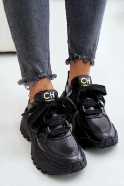 New Damskie Skórzane Sneakersy Czarne 4583 Damskie Buty Sportowe Na Platformie