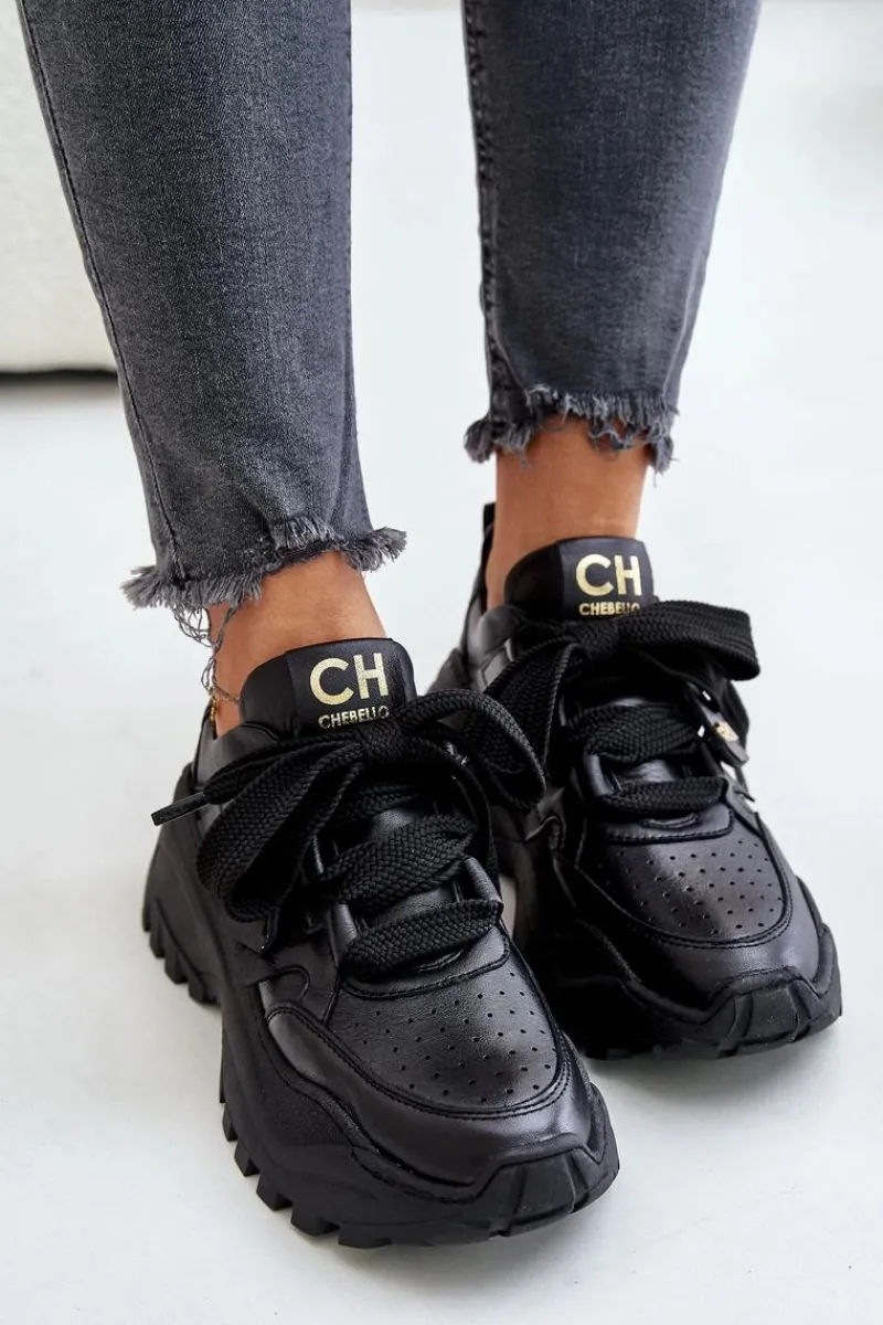 New Damskie Skórzane Sneakersy Czarne 4583 Damskie Buty Sportowe Na Platformie