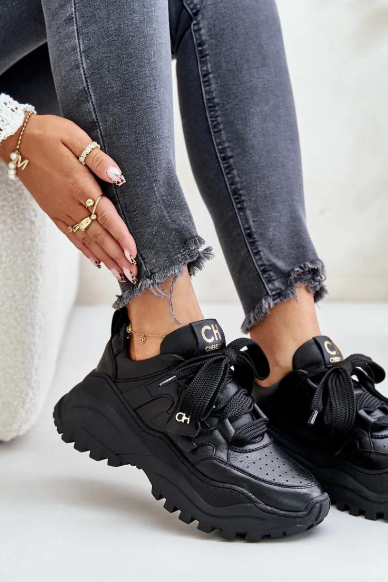 New Damskie Skórzane Sneakersy Czarne 4583 Damskie Buty Sportowe Na Platformie