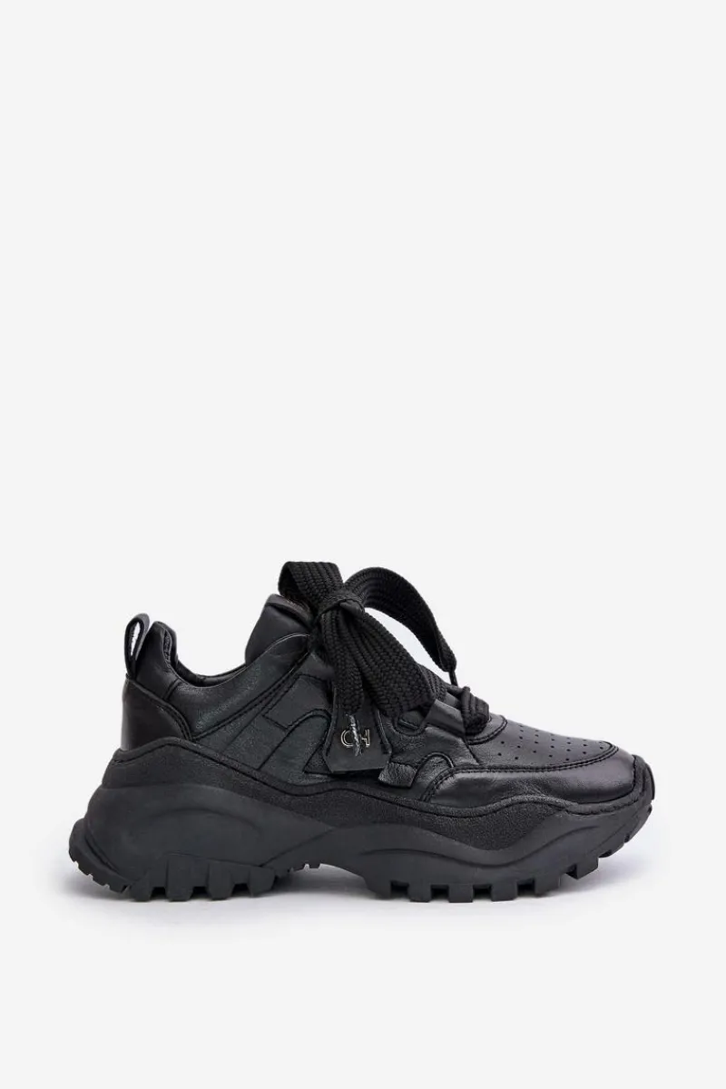 New Damskie Skórzane Sneakersy Czarne 4583 Damskie Buty Sportowe Na Platformie