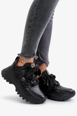 New Damskie Skórzane Sneakersy Czarne 4583 Damskie Buty Sportowe Na Platformie