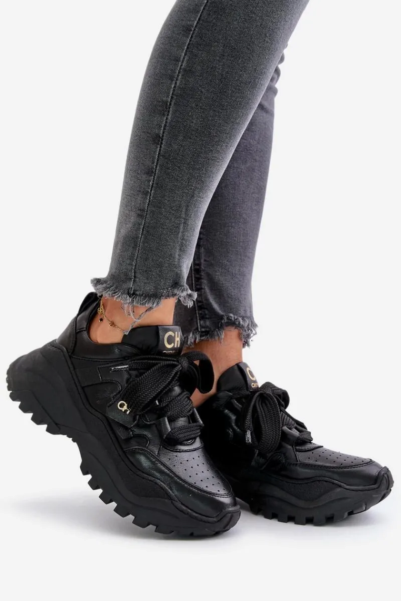 New Damskie Skórzane Sneakersy Czarne 4583 Damskie Buty Sportowe Na Platformie