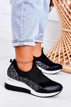 Hot Boto Damskie Skórzane Sneakersy Na Koturnie Czarne Srebrne Frances