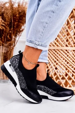 Hot Boto Damskie Skórzane Sneakersy Na Koturnie Czarne Srebrne Frances