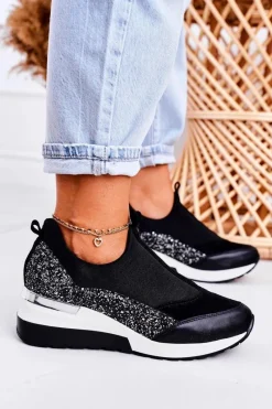 Hot Boto Damskie Skórzane Sneakersy Na Koturnie Czarne Srebrne Frances