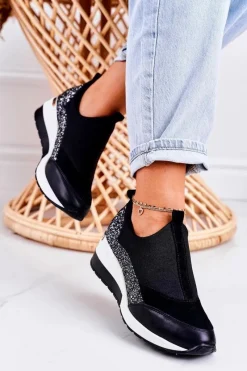 Hot Boto Damskie Skórzane Sneakersy Na Koturnie Czarne Srebrne Frances