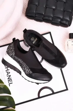 Hot Boto Damskie Skórzane Sneakersy Na Koturnie Czarne Srebrne Frances