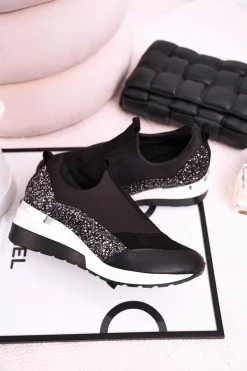 Hot Boto Damskie Skórzane Sneakersy Na Koturnie Czarne Srebrne Frances