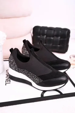 Hot Boto Damskie Skórzane Sneakersy Na Koturnie Czarne Srebrne Frances