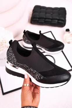 Hot Boto Damskie Skórzane Sneakersy Na Koturnie Czarne Srebrne Frances