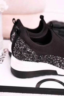 Hot Boto Damskie Skórzane Sneakersy Na Koturnie Czarne Srebrne Frances