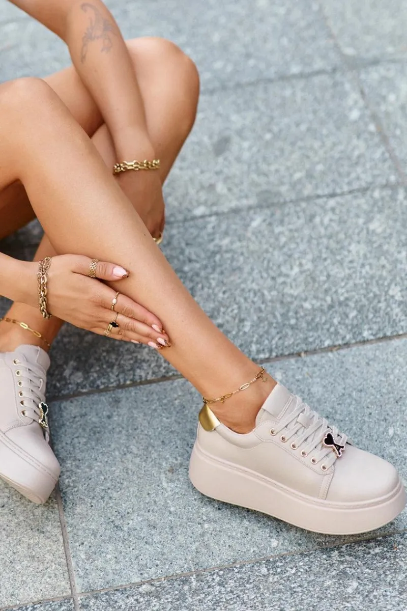 Sneakersy Damskie>Buty damskie Vinceza Damskie Skórzane Sneakersy Na Platformie Beżowe Vinceza 66700