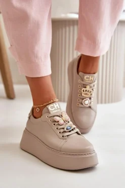 Buty Sportowe Na Platformie>CheBello Damskie Skórzane Sneakersy Na Platformie Z Ozdobami 4585 Beżowe